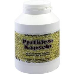 Eine weiße Dose mit der Aufschrift "Perlhirse Kapseln" steht aufrecht.