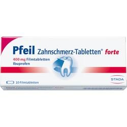 Eine Packung mit 10 Zahnschmerz-Tabletten mit Ibuprofen.
