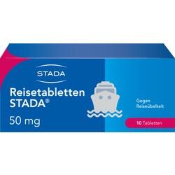Blaue Packung mit Reisemedikamenten gegen Übelkeit, 10 Tabletten.