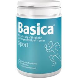 Eine blaue Dose Basica Sportpulver für Leistungsfähigkeit und Regeneration.
