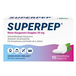 Verpackung von Superpep Kaugummis gegen Reiseübelkeit mit Minzgeschmack.