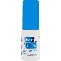 Weiße Mundspray-Flasche mit blauem Deckel und "Halita Mint"-Aufschrift.