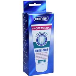 Eine blaue Verpackung mit einer Tube Ultraschall-Zahnpasta der Marke Emmi-Dent.