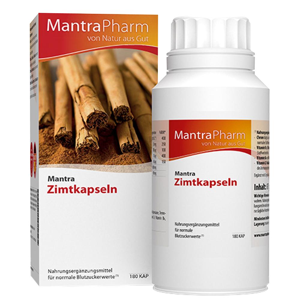 Eine Packung und Flasche mit Zimtkapseln von MantraPharm sind zu sehen.