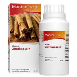 Eine Packung und Flasche mit Zimtkapseln von MantraPharm sind zu sehen.